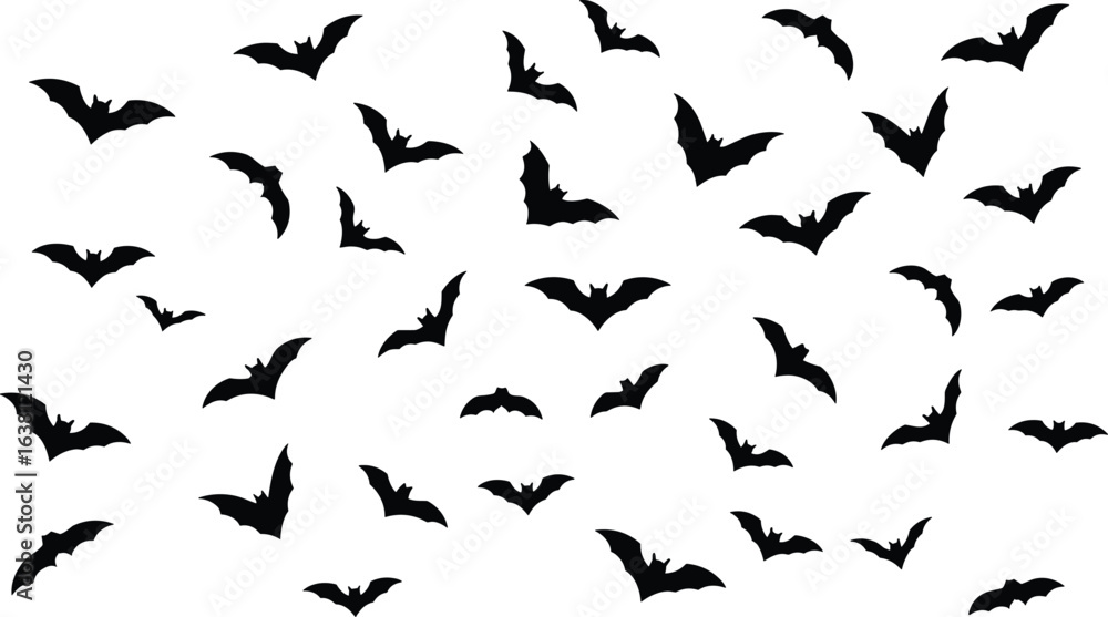 Fototapeta premium Flying bats silhouette pattern, scattered bat vector, spooky wildlife clipart, black bat swarm, Halloween graphic design, chaotic bat motion