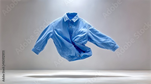 Blue shirt is flying in the air. The shirt is upside down and he is in a state of disarray. Concept of chaos and disorder, as if the shirt has been tossed around carelessly