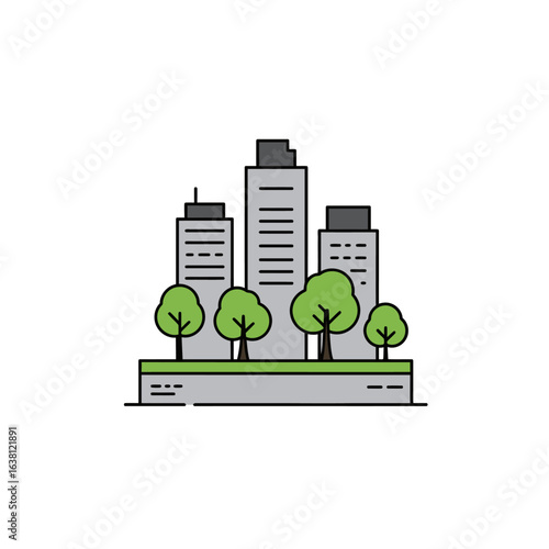 A clean, minimalist flat design illustration depicts a modern cityscape with tall buildings and green trees, symbolizing urban development and nature.
