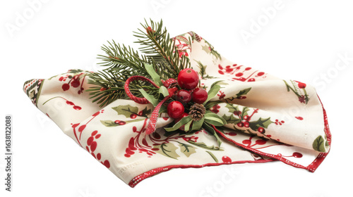 A beautifully arranged holiday napkin adorned with red berries and evergreen sprigs, set against a clean background, perfect for festive table settings and seasonal celebrations