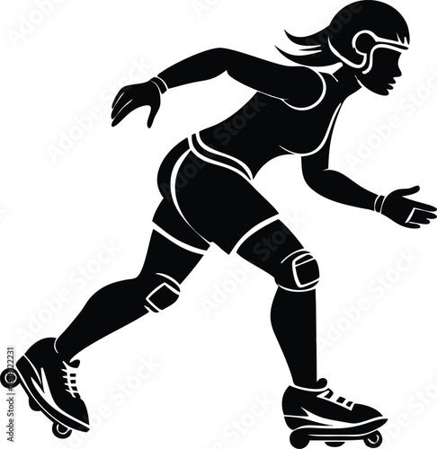 Black silhouette of a roller derby skater in motion, helmeted and padded, on skates, white background, dynamic pose, action-oriented, graphic style.