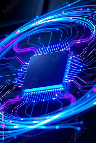 A computer chip is shown with glowing blue and purple circuits and fiber optic strands.