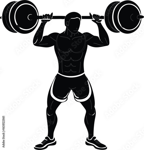 A muscular, silhouetted weightlifter powerfully holds a barbell overhead against a white background, conveying strength and determination in a stark, graphic style.