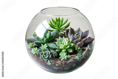 A beautifully arranged terrarium featuring various succulent plants in a clear glass orb, set against a neutral background, showcasing vibrant greens and earthy textures, ideal for home decor