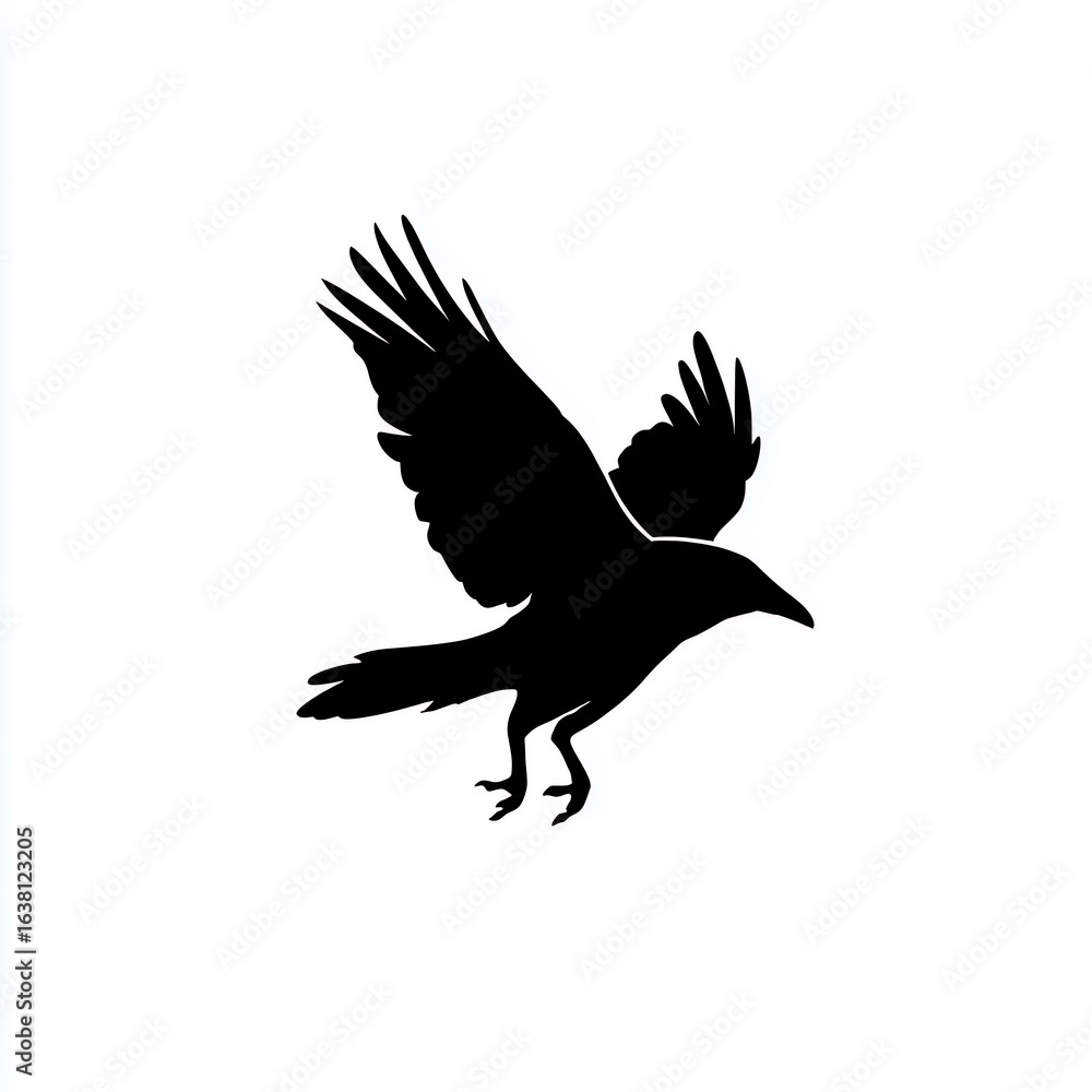 Obraz premium Flying Raven Silhouette Against a Blank Backdrop