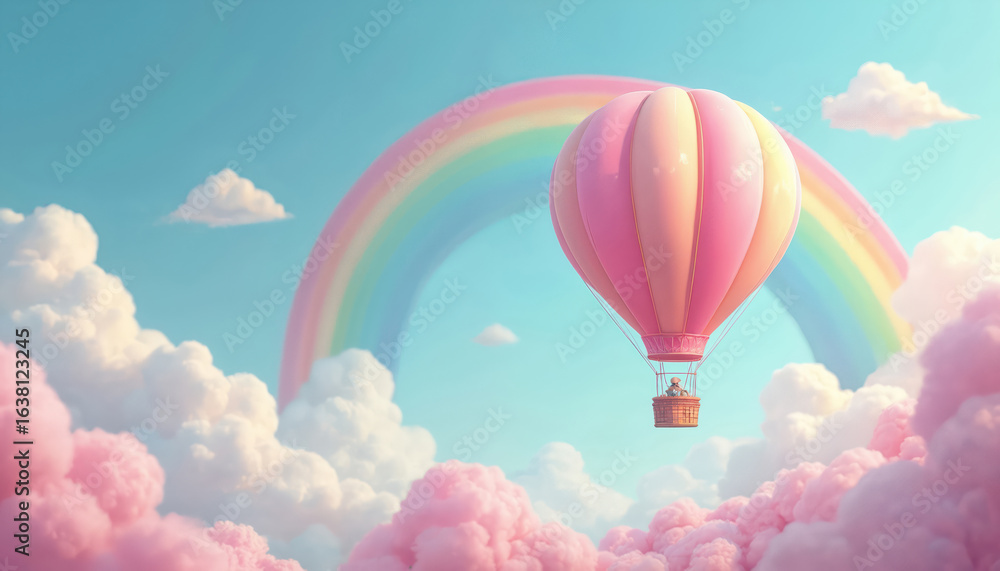 Fototapeta premium Whimsical hot air balloon floats through pastel sky in fluffy clouds, near a soft rainbow. Dreamy digital art conveys wonder, joy, and a peaceful atmosphere. Inspiration for creative projects.