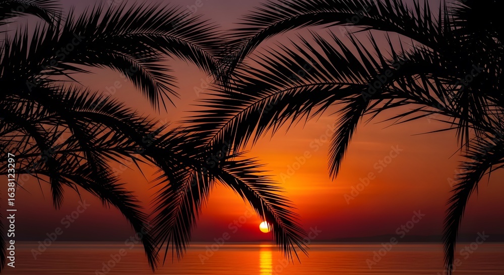 Fototapeta premium Silhouetted Palm Trees Framing a Tropical Ocean Sunset