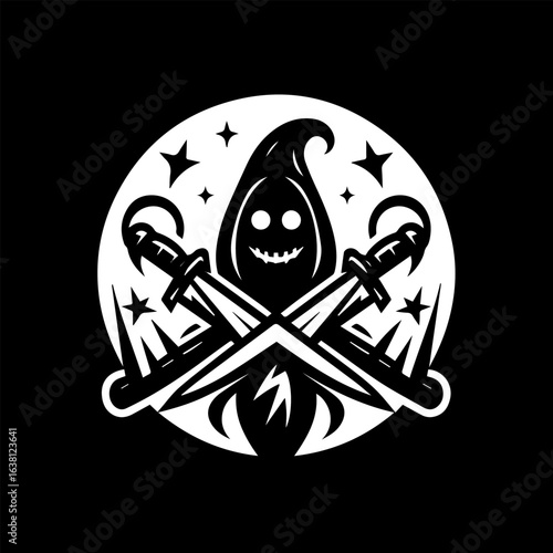 Stylized grim reaper figure with crossed daggers, set against a circular background with stars and spikes.