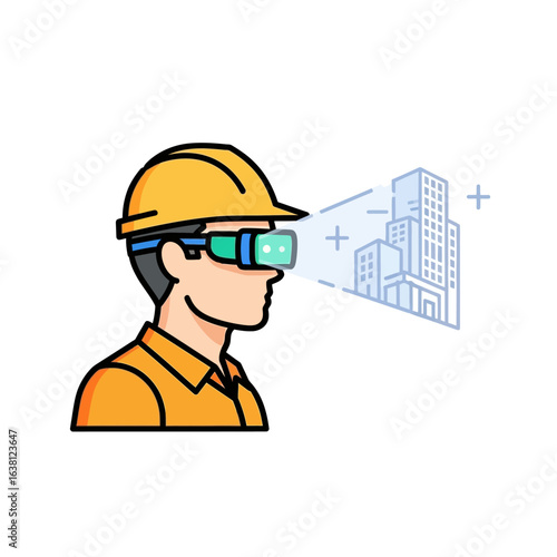 An illustrated construction worker wearing a VR headset, envisioning a digital representation of a modern cityscape, showcasing technology's impact.