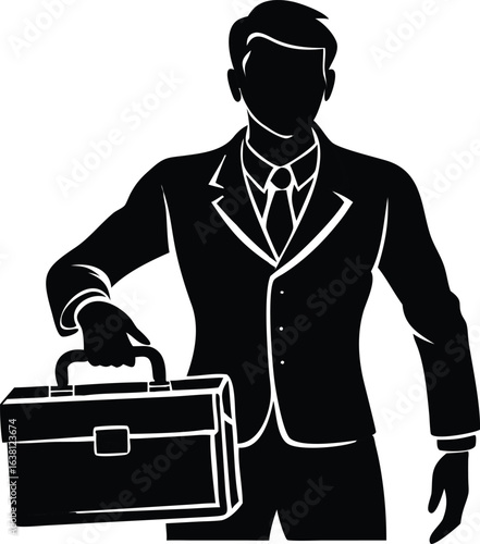 A silhouetted businessman stands holding a briefcase, wearing a suit and tie, against a white background, creating a formal, professional, and authoritative mood.