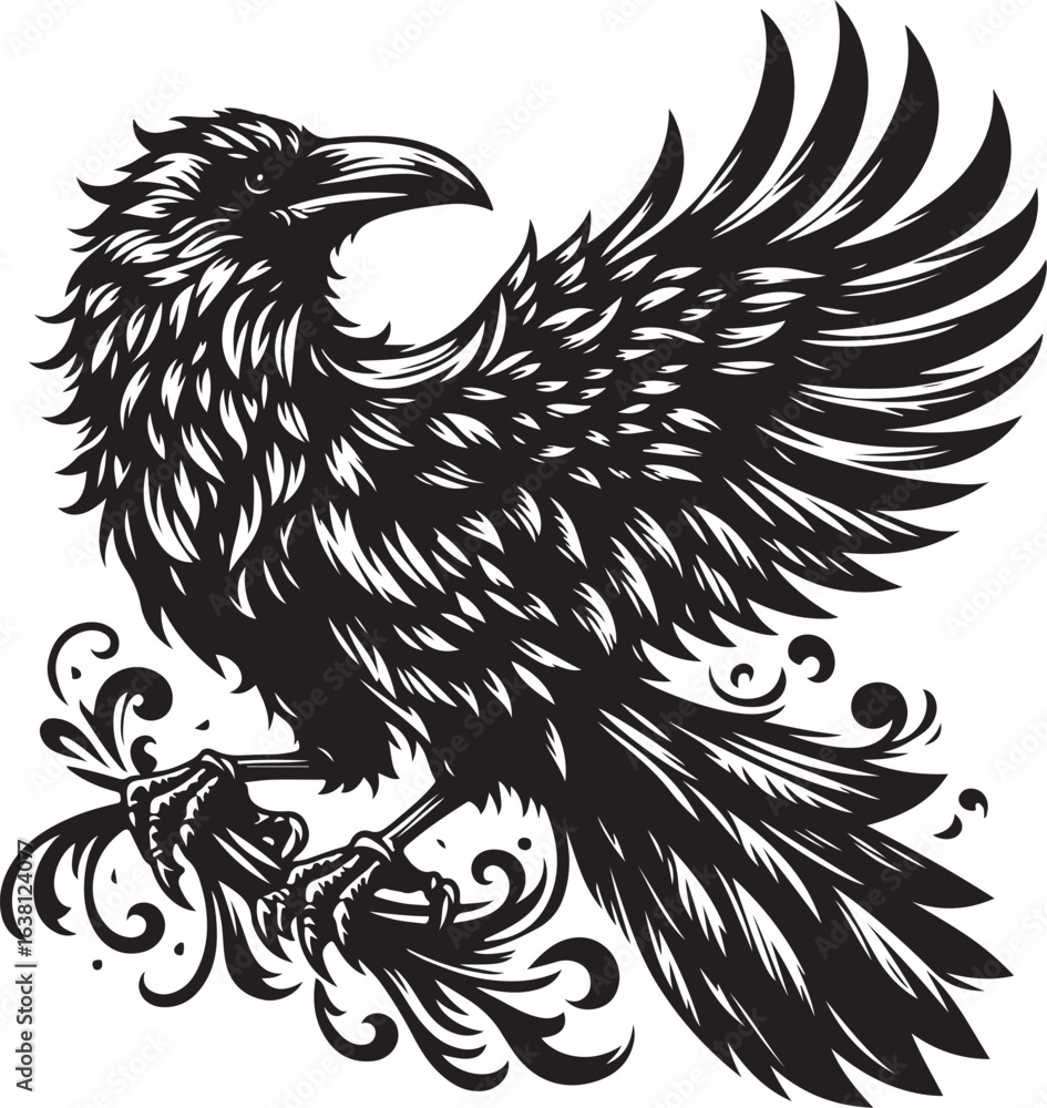 Fototapeta premium Majestic Raven with Spread Wings and Ornate Details