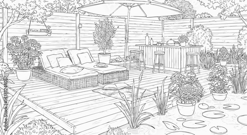 Hand-drawn sketch of a backyard garden oasis with a wooden deck, lounge chairs, and a patio bar for summer relaxation.