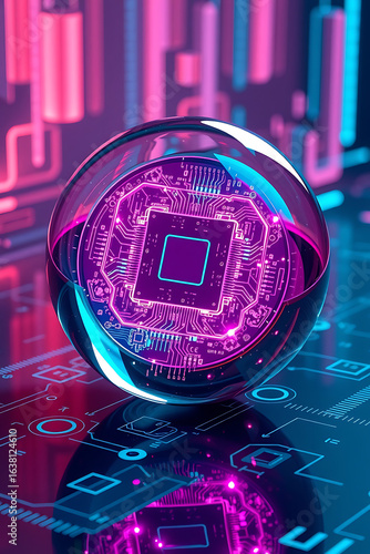 A glowing sphere containing a detailed circuit board design, reflecting the surrounding neon-lit technological landscape.