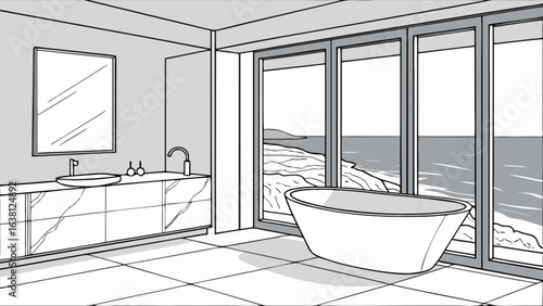 Modern bathroom design with ocean view bathtub and vanity mirror interior architecture concept design