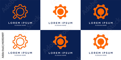 Magnifying gear logo design set template