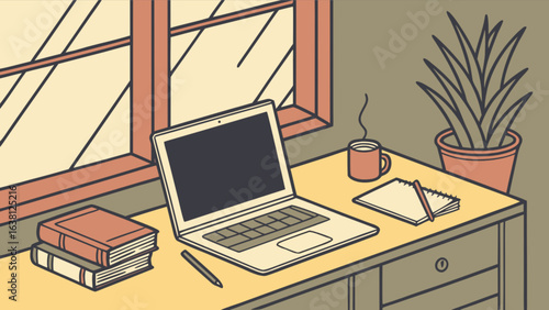 Home office setup with laptop, books, plant and coffee for remote work and study productivity design