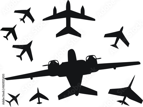 Skybound silhouettes of airplanes and hot air balloons fill the sky.