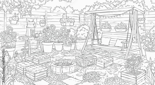 Architectural concept sketch of a cozy balcony garden with a bistro set, wall fountain, and abundant container plants. Line art illustration of an outdoor living space.