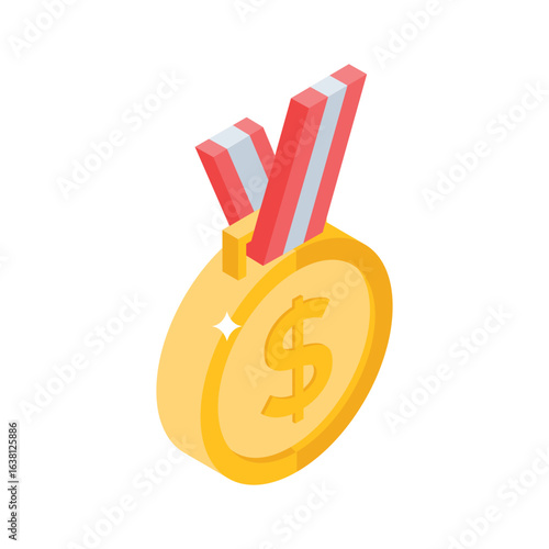 An isometric style icon of trophy golden winning cup