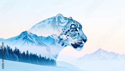 Double Exposure of Snow Leopard and Snowy Mountains – International Day of the Snow Leopard