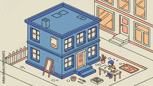 Isometric illustration of a blue building with artist and street scene vector design art style drawing