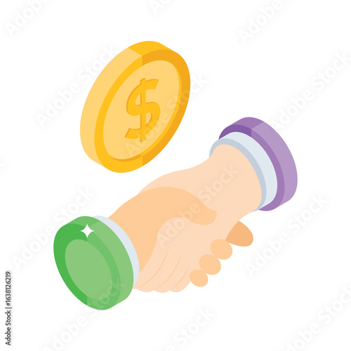 Grab this isometric icon of deal handshake with dollar coin