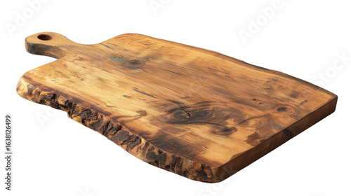 A rustic wooden cutting board showcasing rich grain patterns and natural edges, perfect for culinary presentations or kitchen decor, set against a simple, neutral background