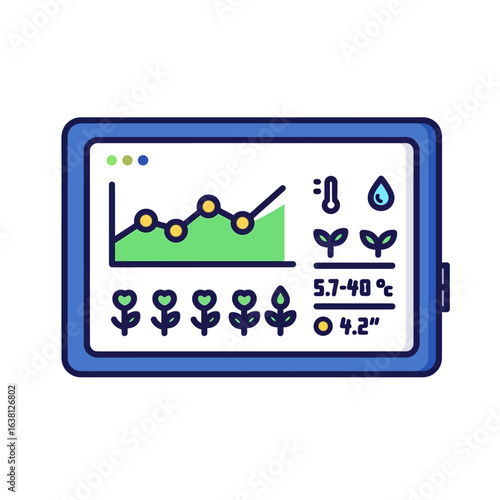 Smart farming technology: A tablet displays growth charts, temperature, humidity, and soil moisture data for efficient plant management and increased yields.