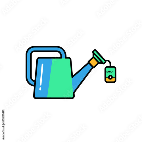 A vibrant teal and blue watering can with a tea bag tag, perfect for spring and summer gardening illustrations, websites, and springtime branding projects needing a touch of whimsy and color.