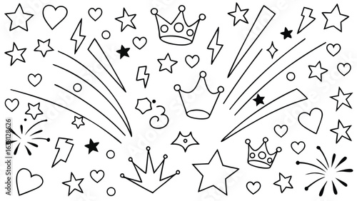 Doodle pattern with crowns stars hearts lightning fireworks and abstract shapes in black and white design