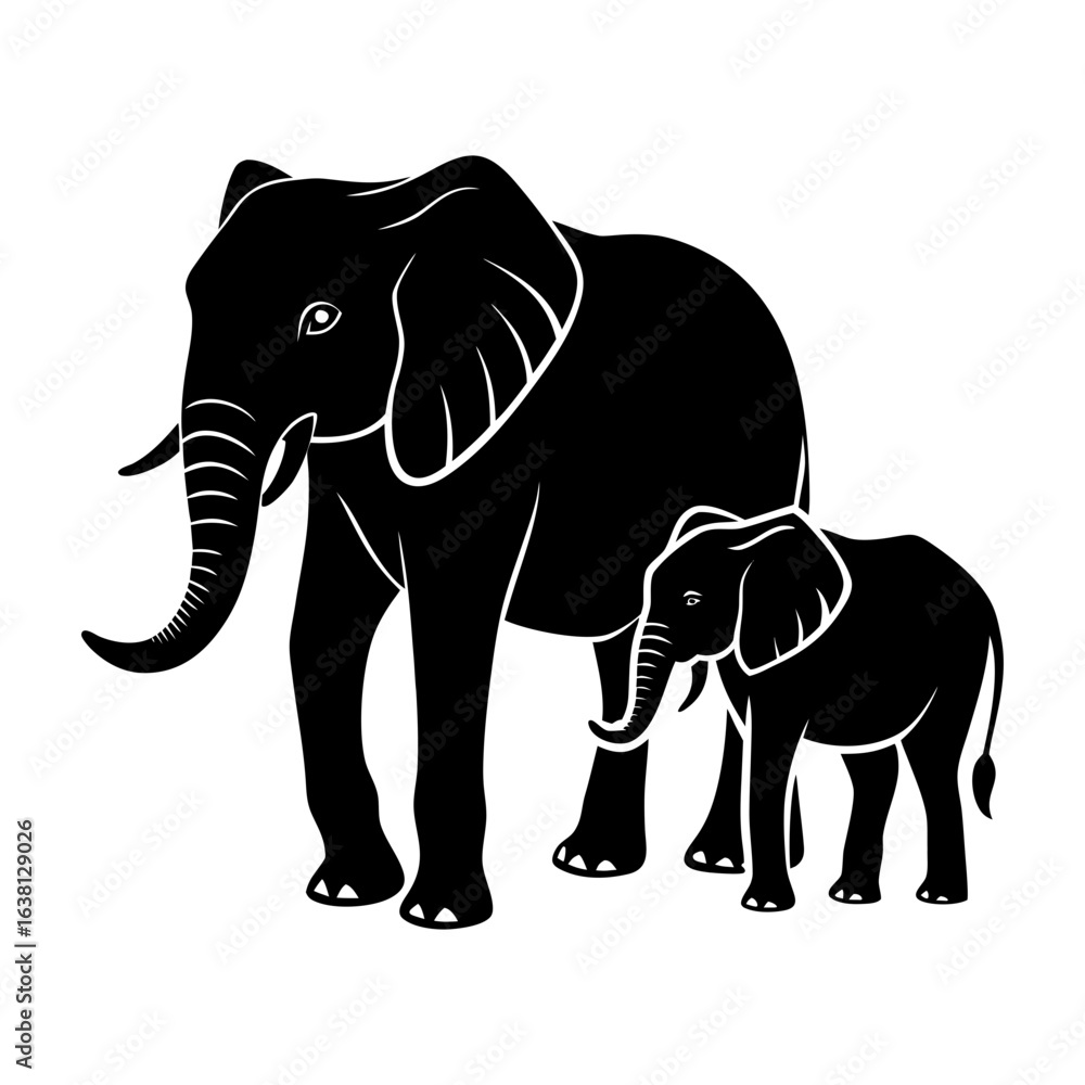 Fototapeta premium Silhouette image of an adult elephant with a baby elephant standing