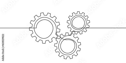 Continuous line gear one art icon cog work business factory wheel. Line continuous gear setting vector outline computer cogwheel technology sketch drawing science stroke machine brain background.