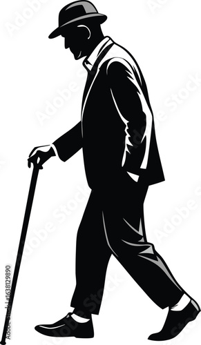 Silhouettes of elderly men with walking canes, strolling and resting on a bench.