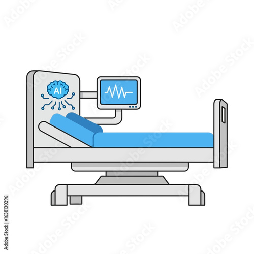 Hospital bed with medical equipment and monitor.