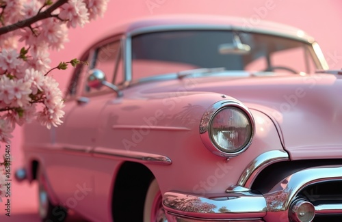 Retro pink automobile adorned with delicate pink flowers, set against soft pink backdrop. Classic car evokes vintage charm, perfect for Valentine Day, International Women Day, Mother Day, birthdays,