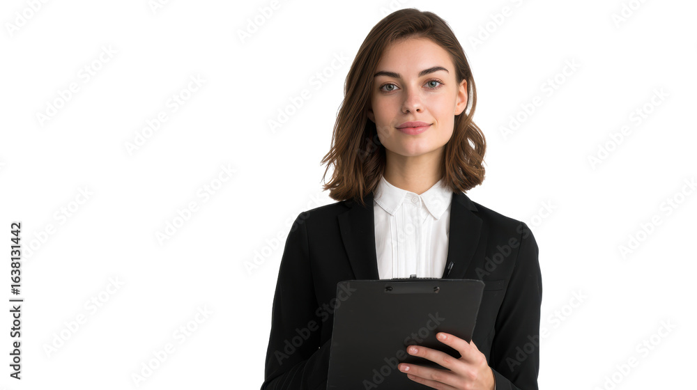 Professional woman in a suit holding a clipboard, smiling, white isolated background. Professional woman in a suit holding a clipboard, smiling, white isolated background.