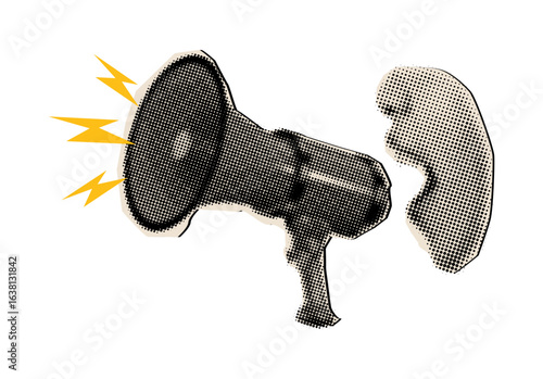 loudspeaker and screaming mouth in retro halftone style,paper collage cut out elements