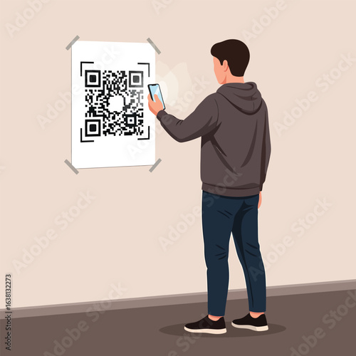 Man scanning QR code on poster with smartphone