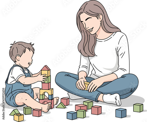 Mother and child playing with colorful building blocks together.