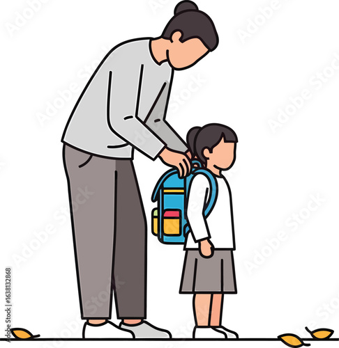Parent helping child put on backpack for school.