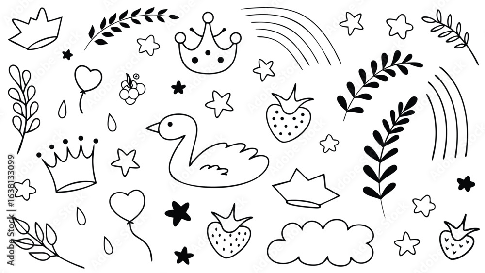 Naklejka premium Doodle style drawing with crowns, swan, rainbow, stars, strawberries, and floral elements scattered around