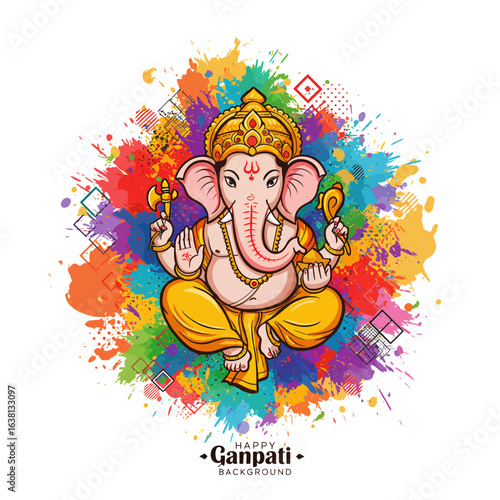 Colorful Illustrated Ganesha in Lotus Pose, Wearing Gold Ornaments and Yellow Dhoti