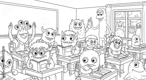 Monsters in a classroom learning together illustration
