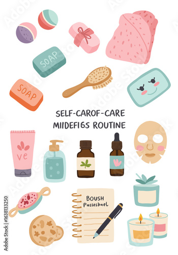 Illustrated Set of Pastel-Colored Self-Care Bath and Beauty Products