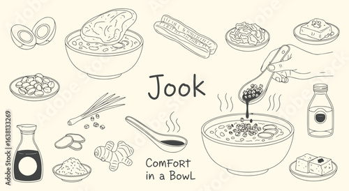 Chinese Congee Icon Set. Hand drawn vector illustration of Jook rice porridge. Doodle clipart of a traditional Asian comfort food breakfast for a restaurant menu and cuisine design.