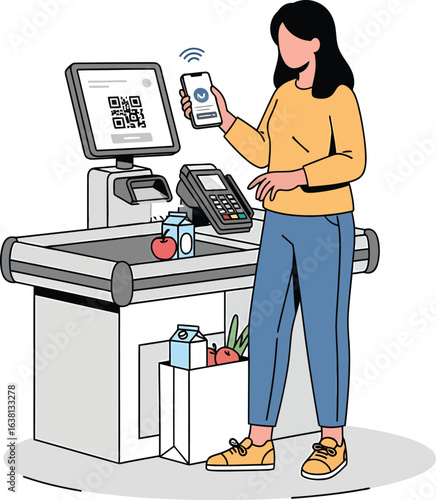 Woman using smartphone for contactless payment at selfcheckout.