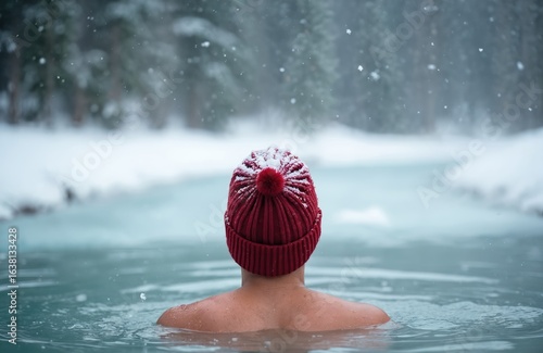 Man enjoys invigorating cold water plunge in icy lake surrounded by winter landscape, falling snow. Extreme outdoor activity promotes health, mental well-being. Focus on person immersed in frigid