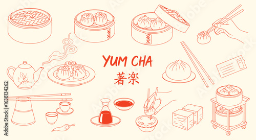 Yum Cha Dim Sum Icon Set. Red hand drawn vector illustration of traditional Cantonese food and tea. Doodle clipart of a steamer, shumai, and teapot for a restaurant menu and tea house design.