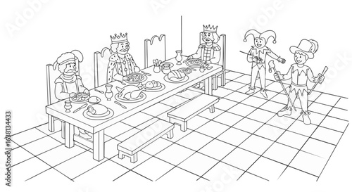 Line art illustration of a medieval banquet scene with a king and jester. Royal court dining in a castle with entertainers.