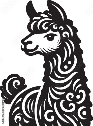 Ornate Black and White Llama Silhouette